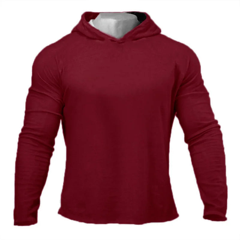 Solid Color Gym Clothing Long Sleeve Slim Fit Hooded T-Shirt Cotton Breathable Hoodie Mens Bodybuilding Fitness Muscle Sportwear