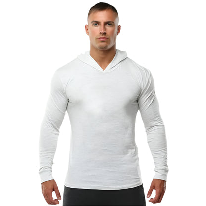 Solid Color Gym Clothing Long Sleeve Slim Fit Hooded T-Shirt Cotton Breathable Hoodie Mens Bodybuilding Fitness Muscle Sportwear