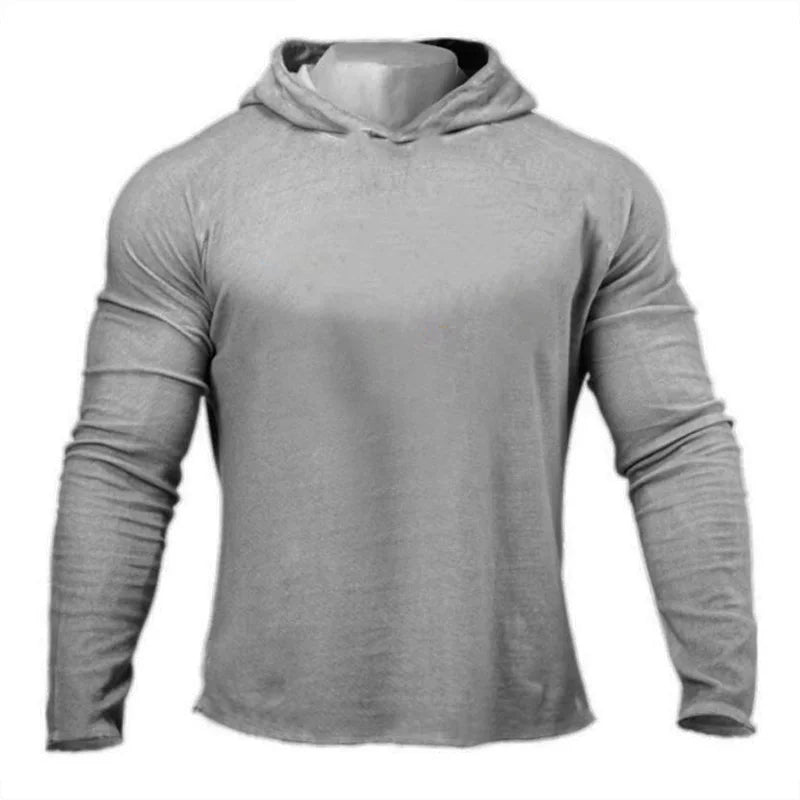 Solid Color Gym Clothing Long Sleeve Slim Fit Hooded T-Shirt Cotton Breathable Hoodie Mens Bodybuilding Fitness Muscle Sportwear