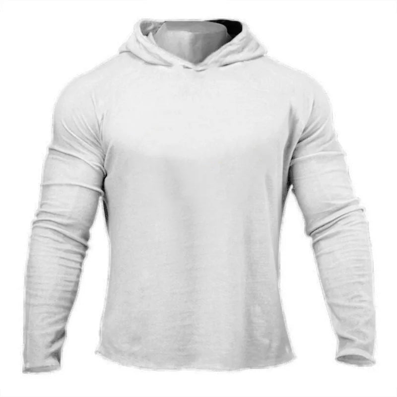 Solid Color Gym Clothing Long Sleeve Slim Fit Hooded T-Shirt Cotton Breathable Hoodie Mens Bodybuilding Fitness Muscle Sportwear